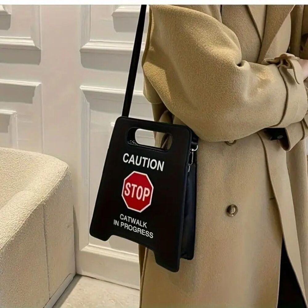 Street Style Black Caution STOP Catwalk in Progress Crossbody Purse